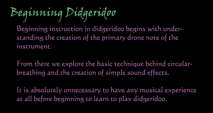 Beginning Didgeridoo:  Beginning instruction in didgeridoo begins with understanding the creation of the primary drone note of the instrument.  From there we explore the basic technique behind circular-breathing and the creation of simple sound effects.  It is absolutely unnecessary to have any musical experience at all before bginning to learn to plary didgeridoo.